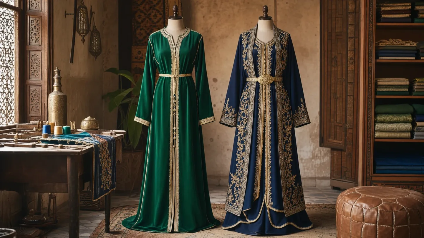Caftan marocain une pièce présenté à côté d’une takchita superposée