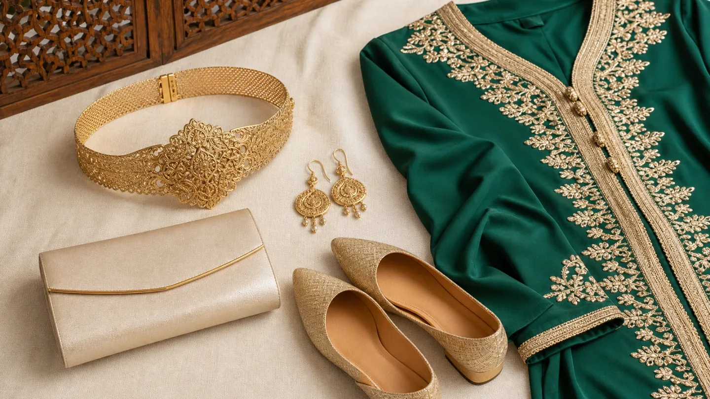 Moroccan caftan accessories arranged with a gold mdamma belt, earrings and evening bag