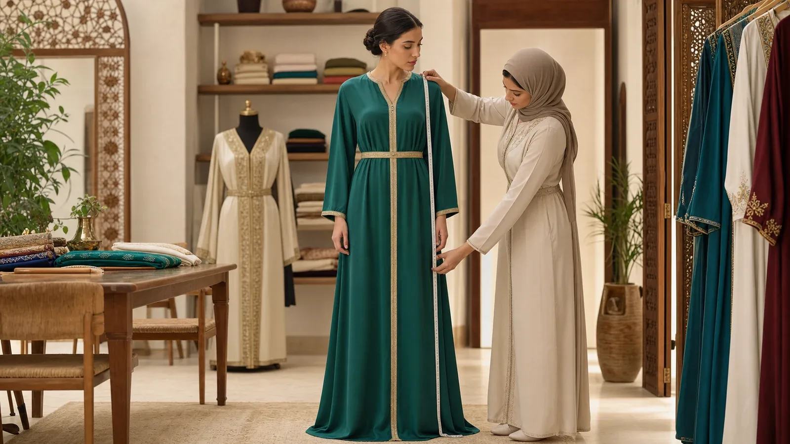 Couturière mesurant la longueur d’un caftan marocain vert dans un atelier