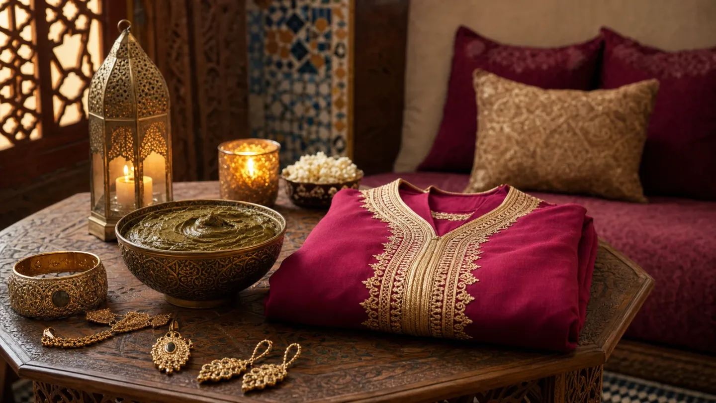 Caftan élégant, bol de henné et lanternes préparés pour une soirée marocaine