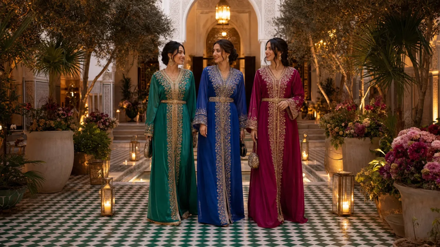 Women in elegant jewel-tone caftans arriving at a Moroccan wedding celebration