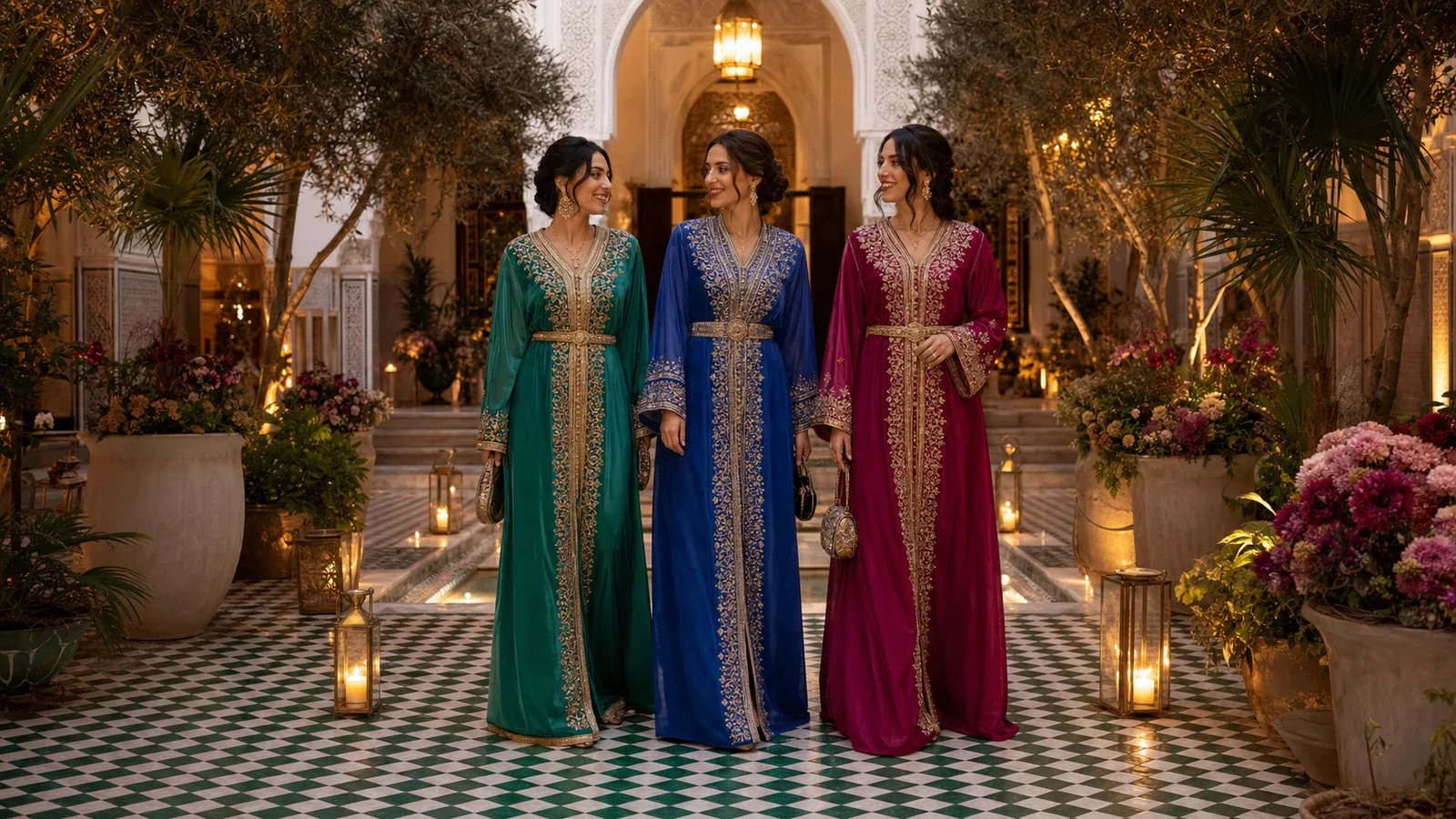 Invitées en caftans aux couleurs précieuses arrivant à un mariage marocain