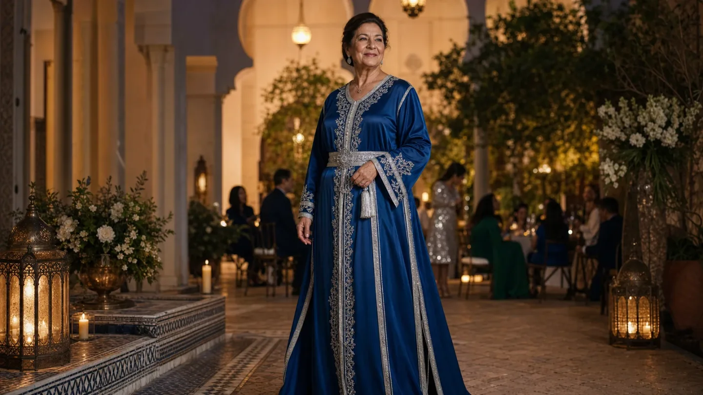 Femme élégante en caftan marocain raffiné lors d’un mariage