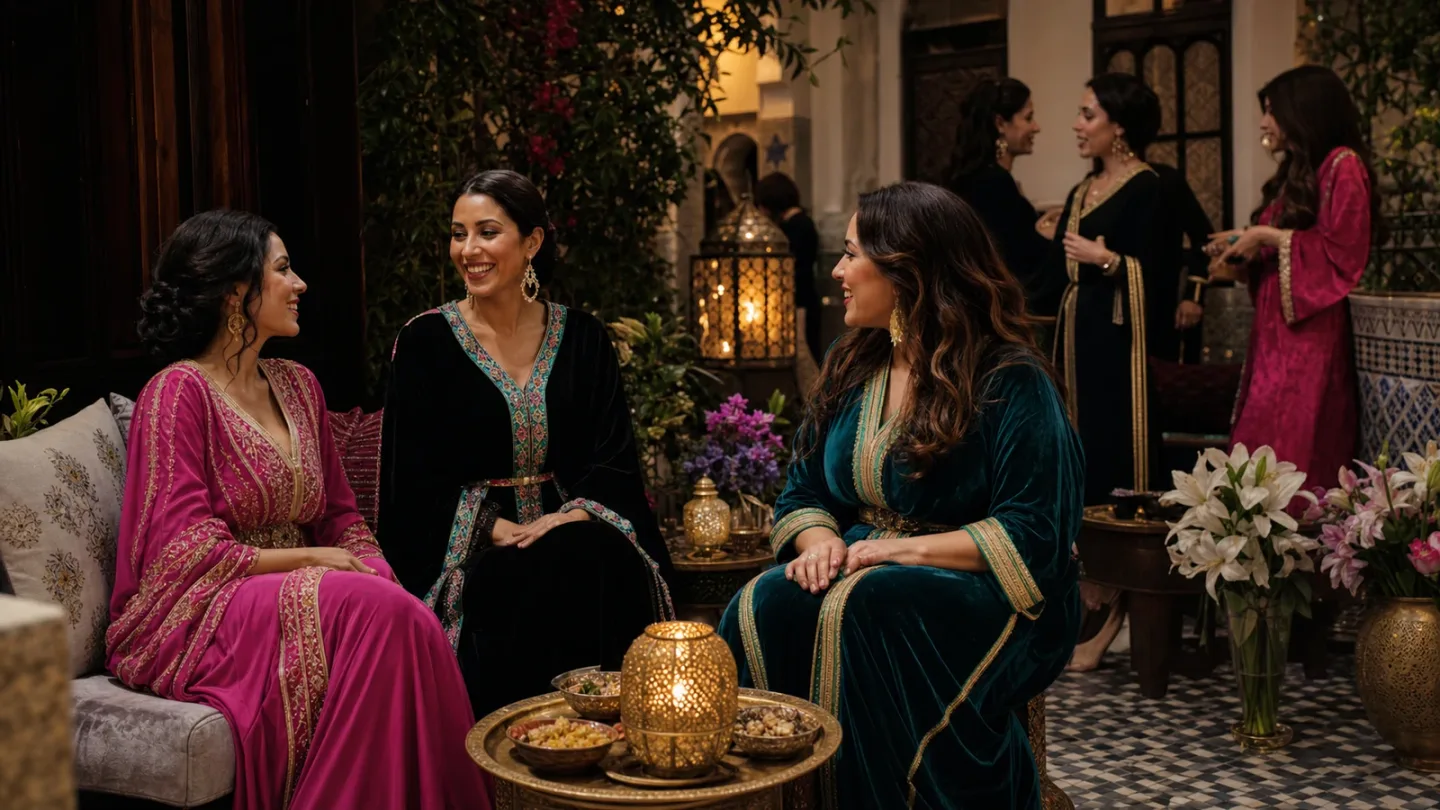 Guests in colorful Moroccan caftans at an elegant evening party