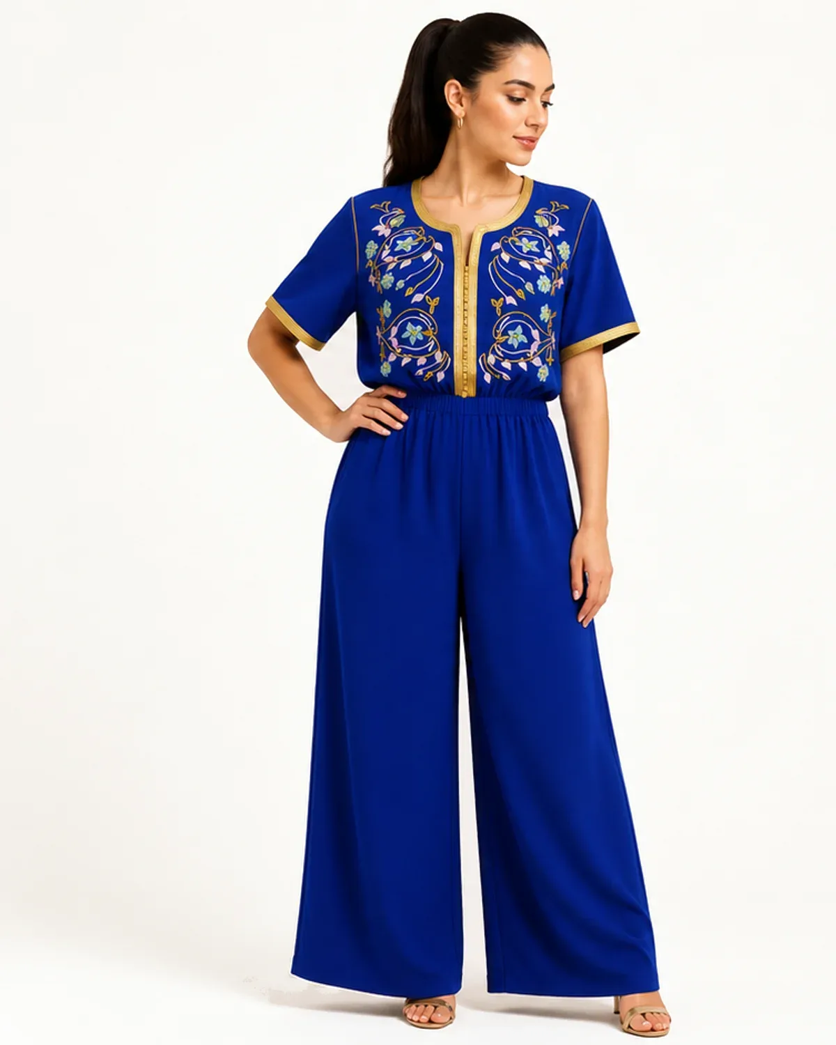 Royal-blue Moroccan top and wide trousers set with pastel floral embroidery, front view on model