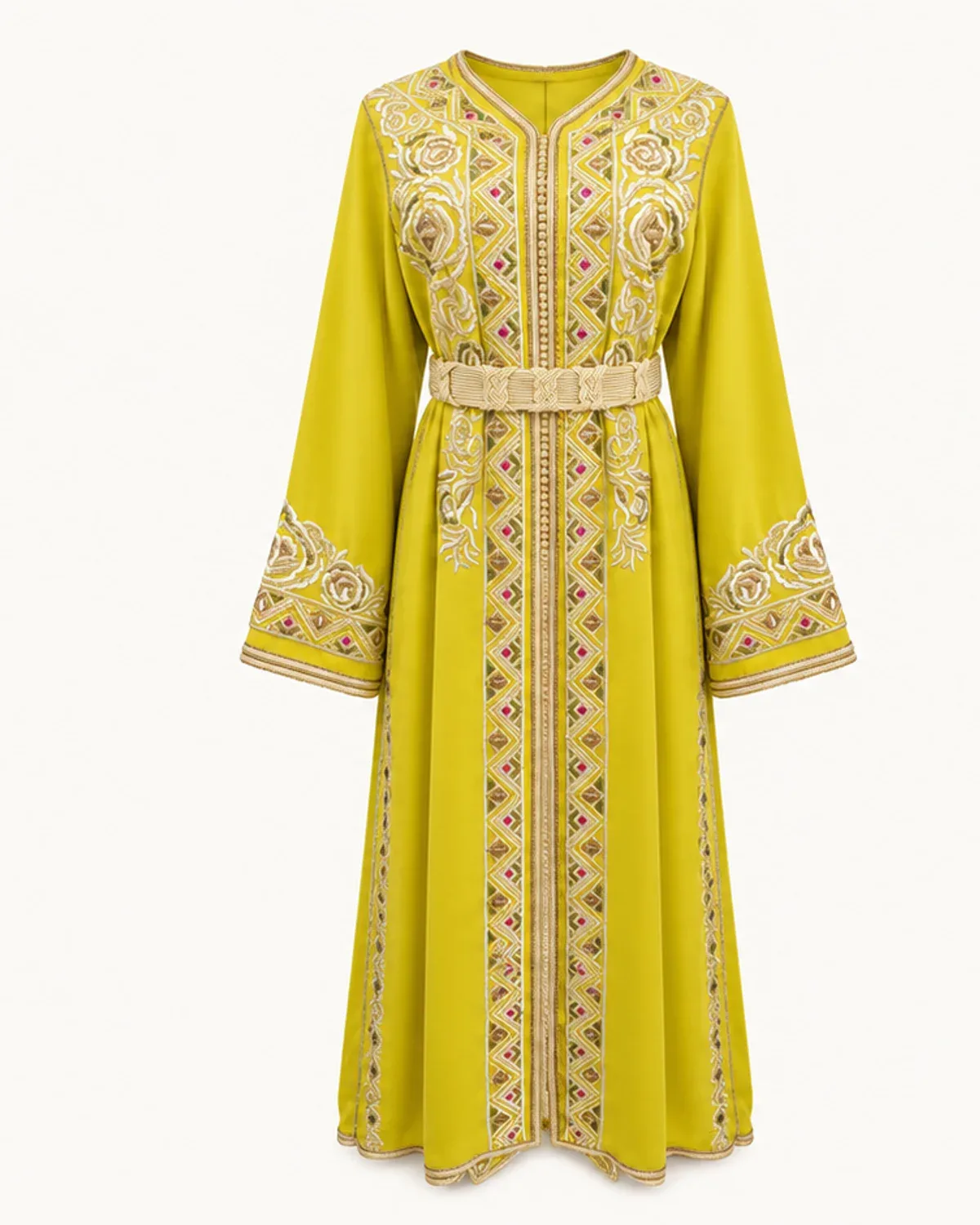 Citron Gold takchita with its braided belt on a white background