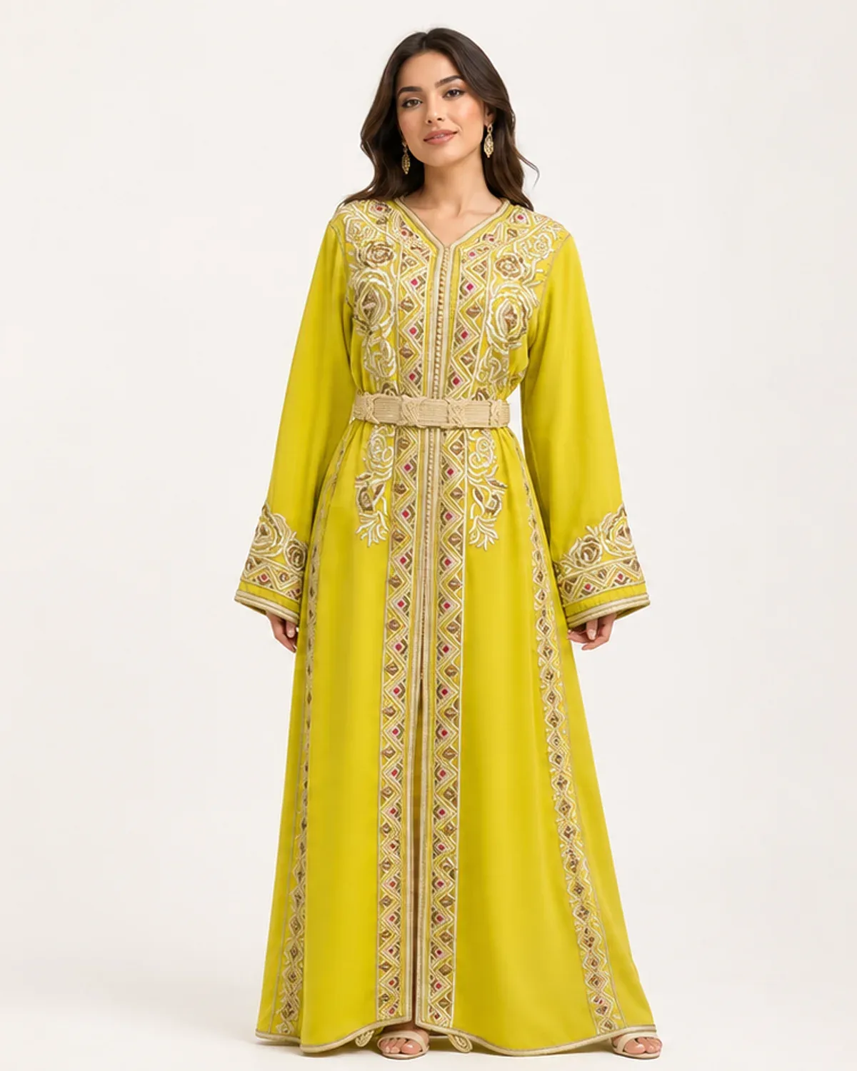 Citron-gold Moroccan takchita with rose embroidery and braided mdamma belt, front view on model