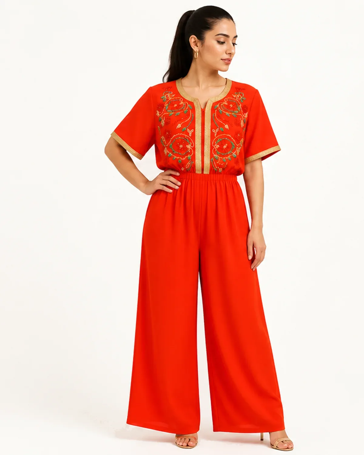 Coral-red Moroccan top and wide trousers set with floral embroidery, front view on model