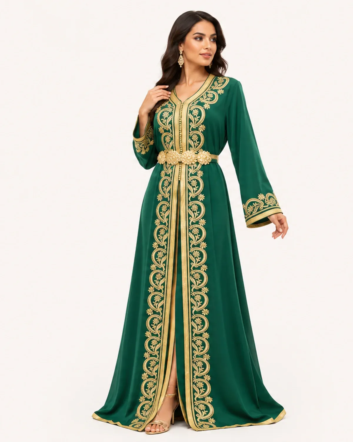 Emerald green Moroccan caftan with gold aakad embroidery and belt, front view on model