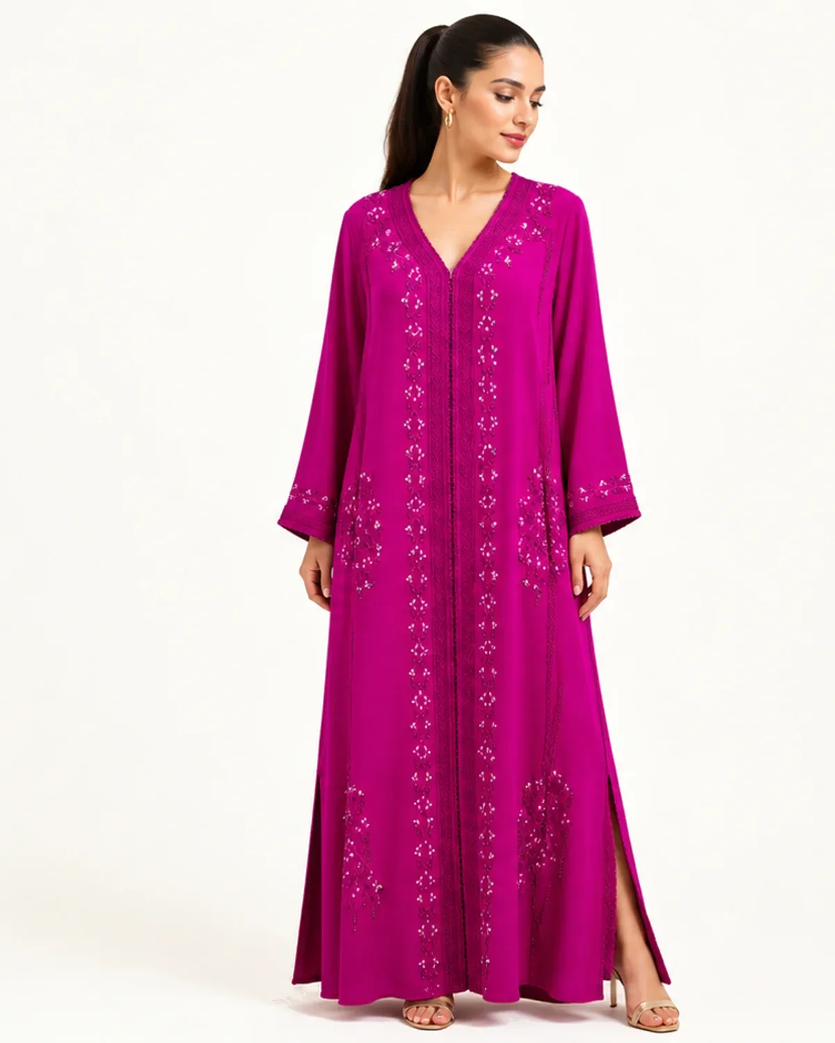 Fuchsia Moroccan caftan with dense beaded floral embroidery, front view on model