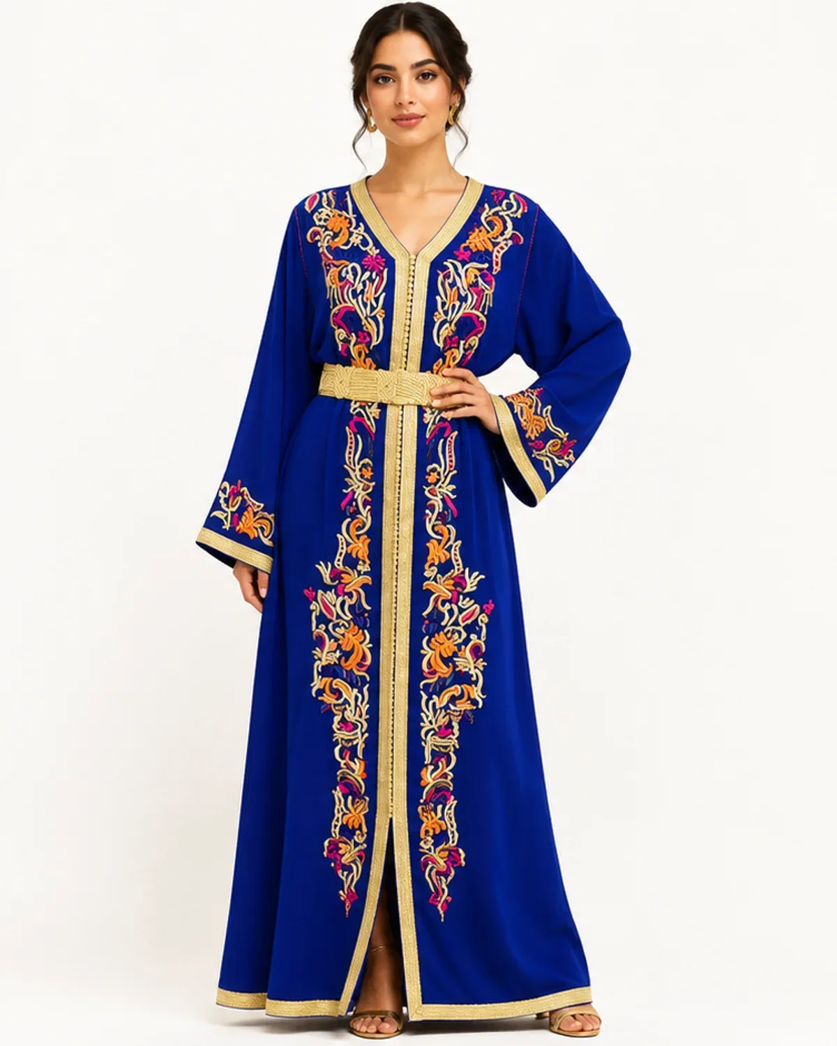 Royal-blue Moroccan caftan with multicolor floral embroidery and gold belt, front view on model