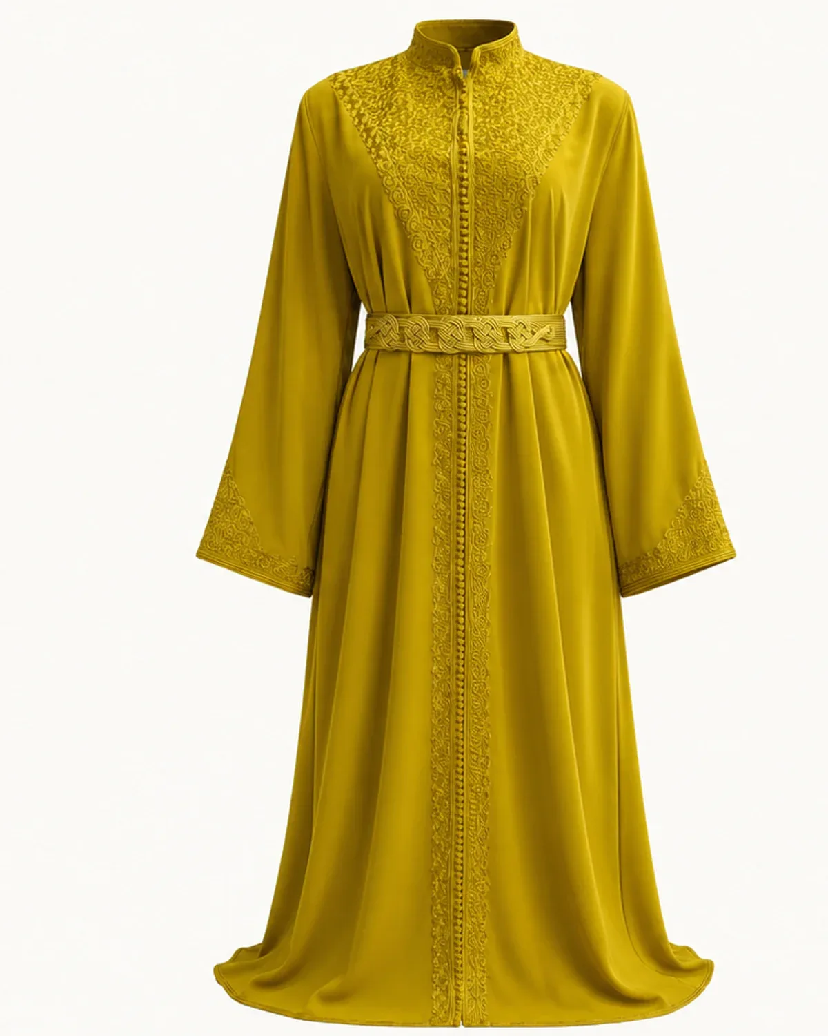 Caftan Mdamma Moutarde avec ceinture sur fond blanc