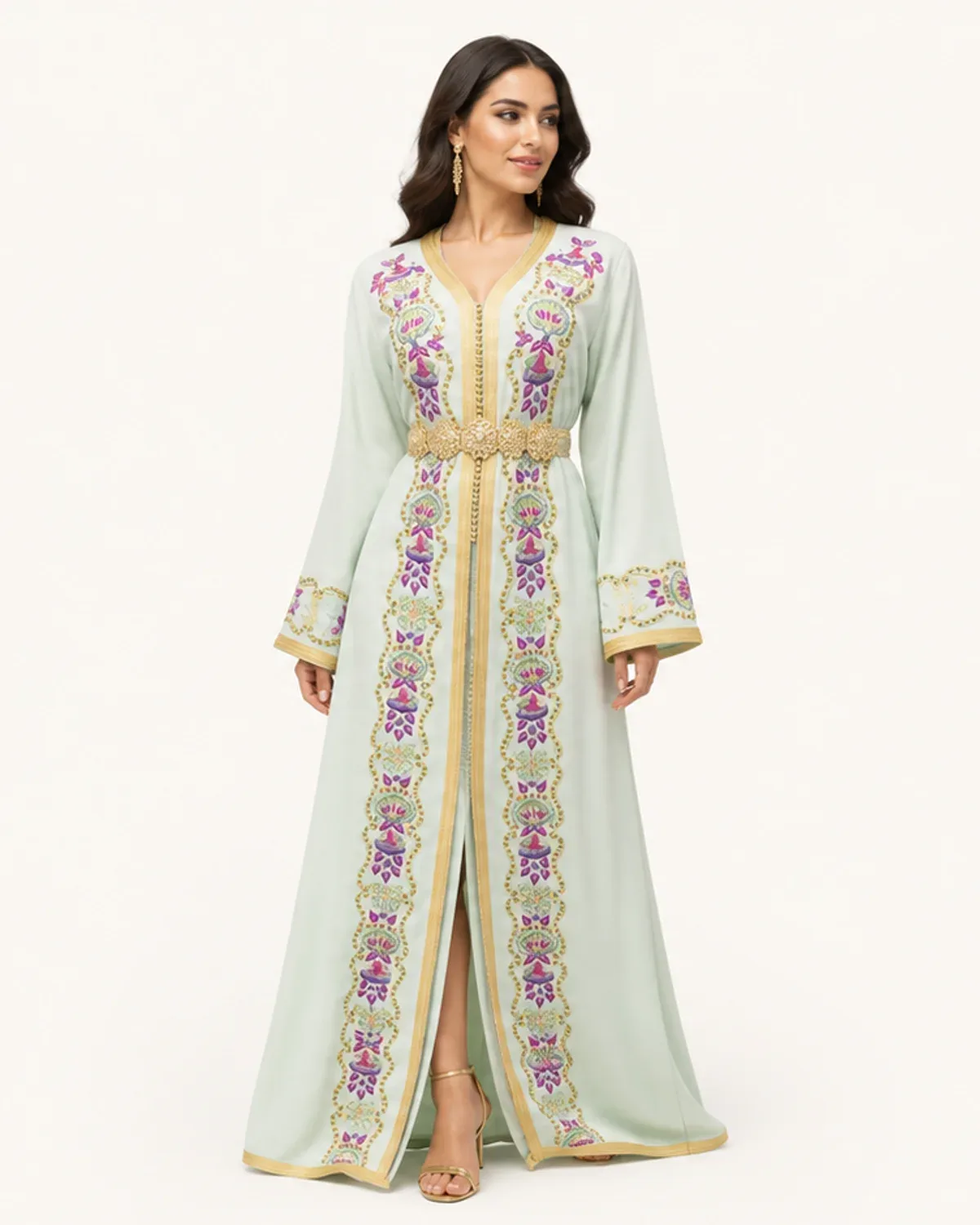 Sage-green Moroccan caftan with gold floral embroidery and belt, front view on model